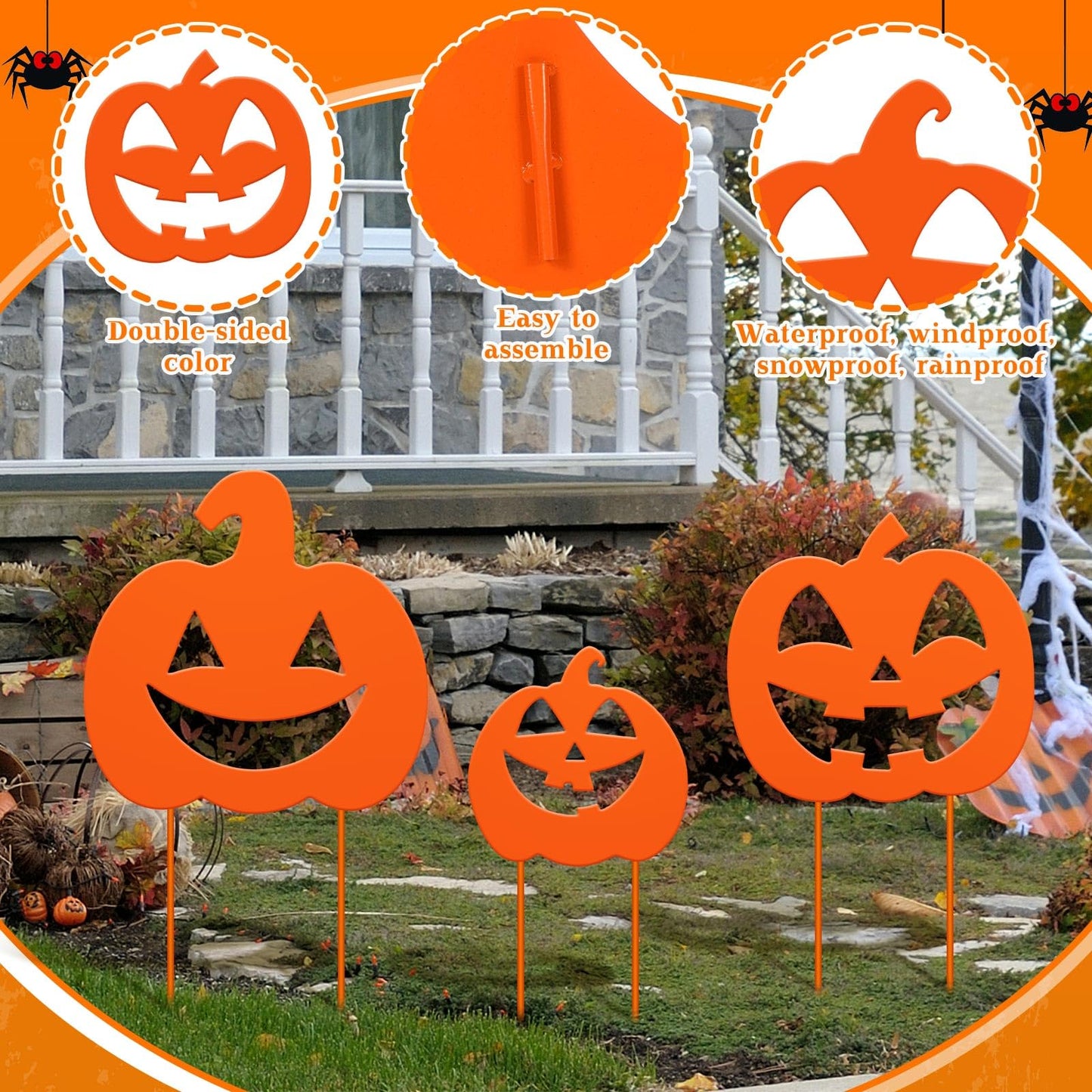 Lingvee 3 Pack Halloween Decorations Outdoor Metal Halloween Garden Stakes Metal Ghost Pumpkins Black Cat Yard Signs Decor for Outside Garden Lawn Porch Patio Party Decorations(Pumpkin Style)