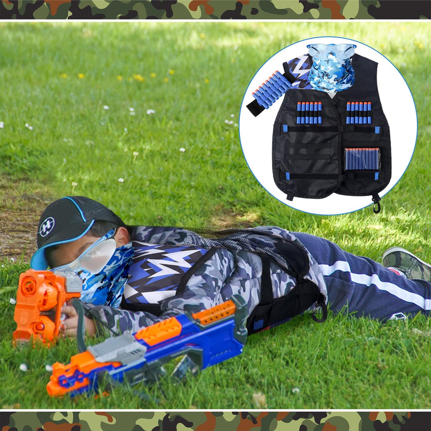 Sosation 8 Sets Kids Tactical Vest Compatible with Nerf Party Favor Accessories, Face Mask Wrist Ammo Holder Toy Gift Supplies Boys (Green and Blue)
