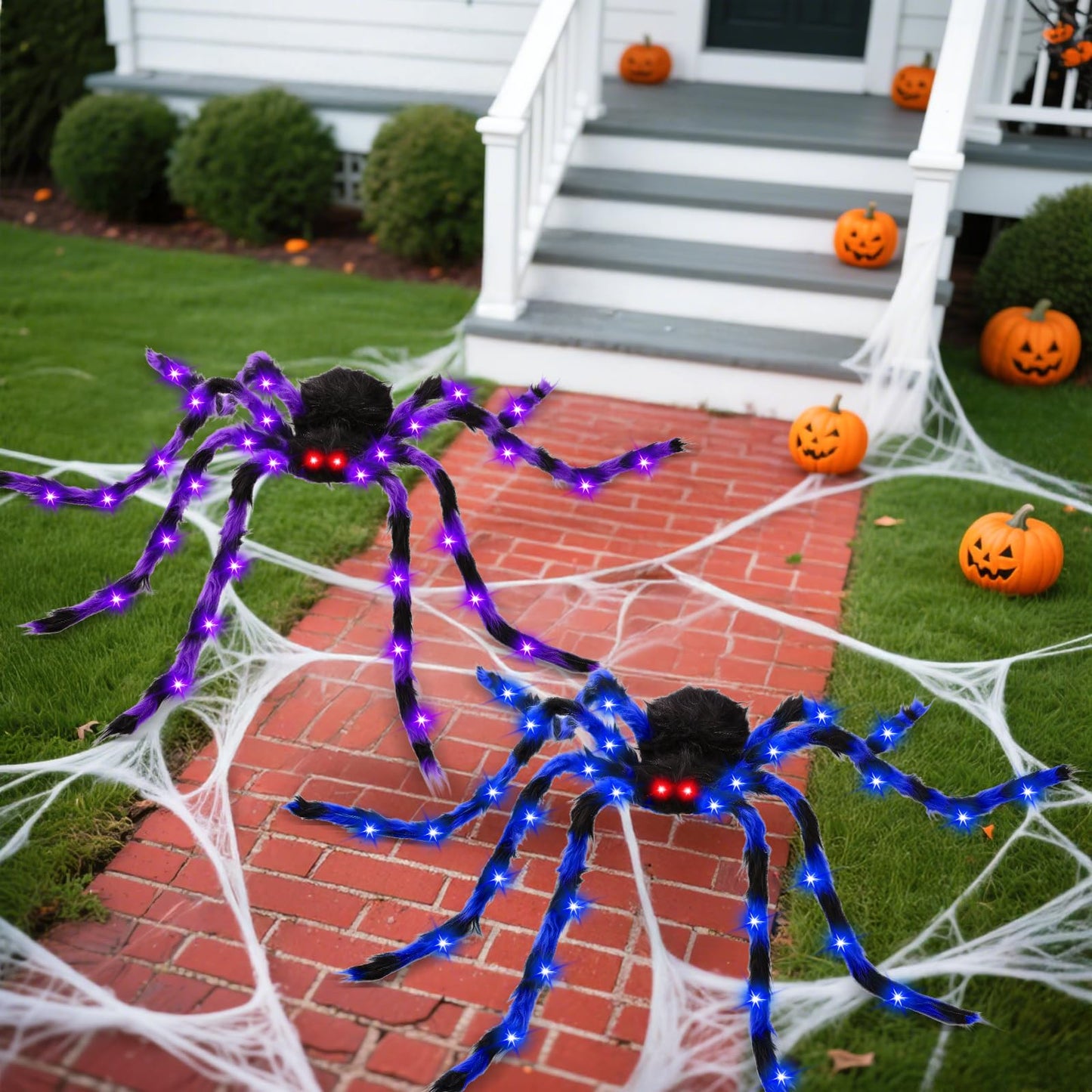 2 Pack 50" Halloween Light Up Spiders, Giant Hairy Spider Decorations with Blue and Purple LED Lights, Scary Indoor Outdoor Halloween Decor for Yard Porch Tree Party Haunted House
