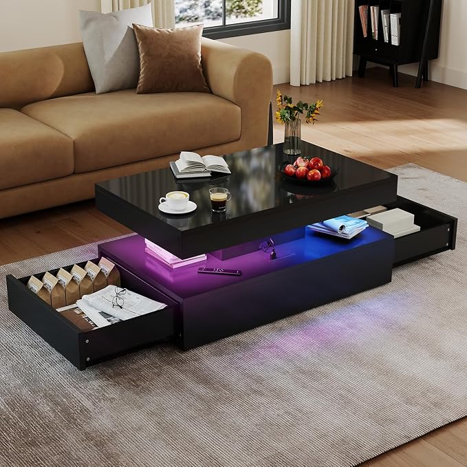 39" High-Glossy LED Coffee Table with 2 Sliding Drawers,Living Room Storage Coffe Tables,Modern Stylish Double-Layer Center Tables with LED Lights,Black