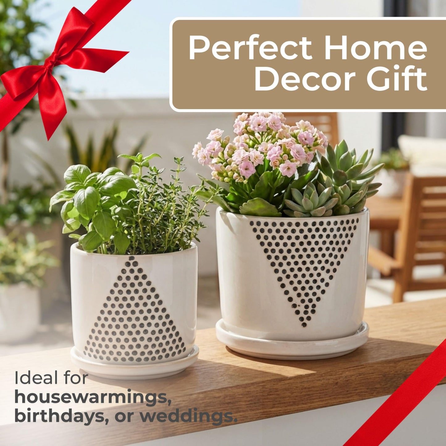 Set of 2 Geometric Decorative Ceramic Planter Pots with Saucer – Stoneware Outdoor Decor, Indoor Plant Pots with Drainage – Triangle Dot Design, Home Decor Ceramic Planters – 7" & 5", White