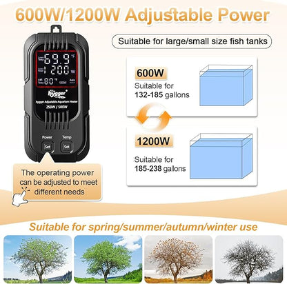hygger Aquarium Heater, 600W/1200W Adjustable Power Fish Tank Heater with Digital Display External Controller, Automatic Power-Off Protection Heater for 132-238 Gallons Freshwater and Saltwater Tank