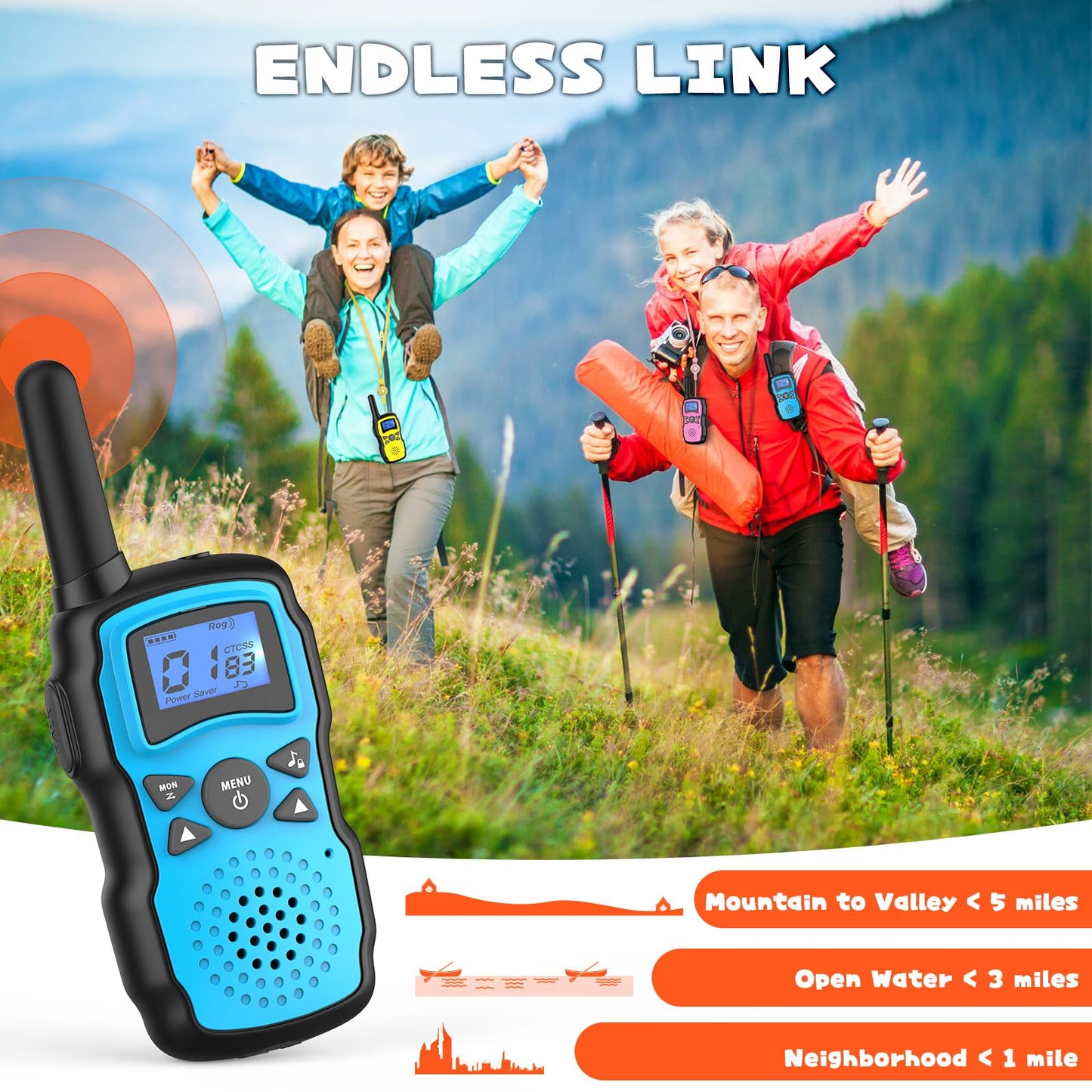 Wishouse Walkie Talkies for Kids Adults Rechargeable 4 Sets with 2 USB Chargers|4X3000mAh Batteries|Lanyards|Family Walky Talky Long Range for Hiking Camping|Xmas Birthday Gift|Boys Girls Present
