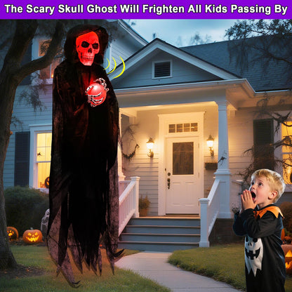 [Sound Activated] 65" Hanging Skeleton Halloween Decorations Outdoor, Halloween Animatronic Grim Reaper Skull Ghost Flash Red Head Holds LED Crystal Ball Creepy Sound for Porch Haunted House Decor
