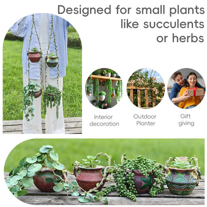 qumHmup Ceramic Hanging Planters, Set of 4 Pots with Drainage Holes,Boho Indoor Outdoor Planter for Succulents