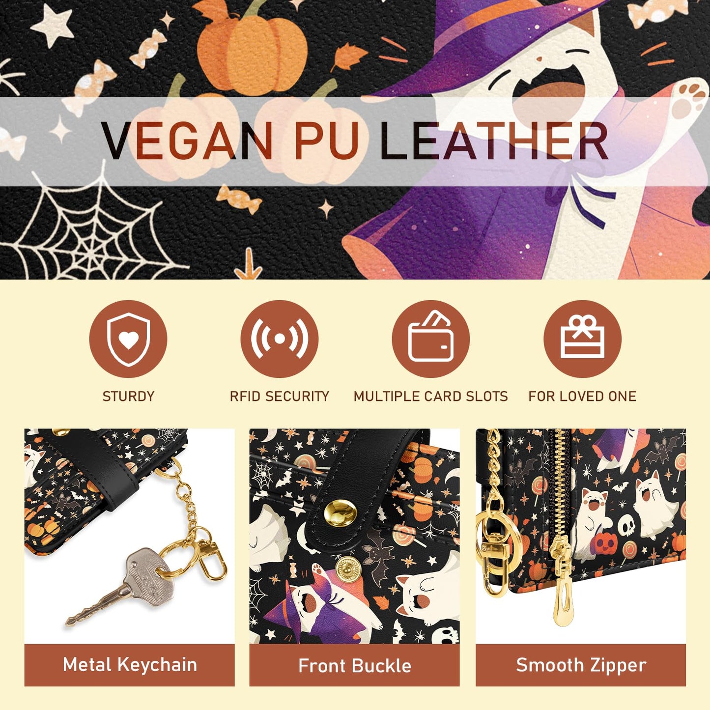 Jogjam Halloween Cute Cat Ghost Rfid Wallet, Small Spooky Bats Pumpkin Slim Thin Credit Card Women Wallet, PU Leather Bifold Cash Zipper Coin Pocket for Holiday Gifts
