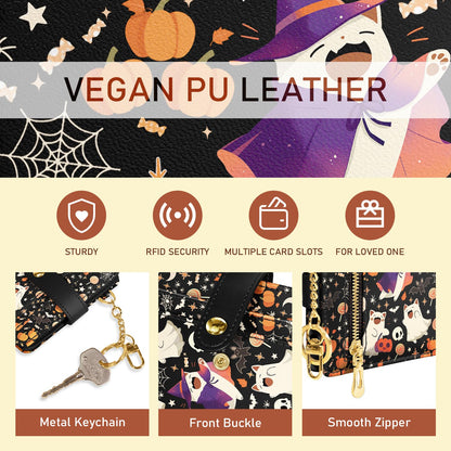 Jogjam Halloween Cute Cat Ghost Rfid Wallet, Small Spooky Bats Pumpkin Slim Thin Credit Card Women Wallet, PU Leather Bifold Cash Zipper Coin Pocket for Holiday Gifts