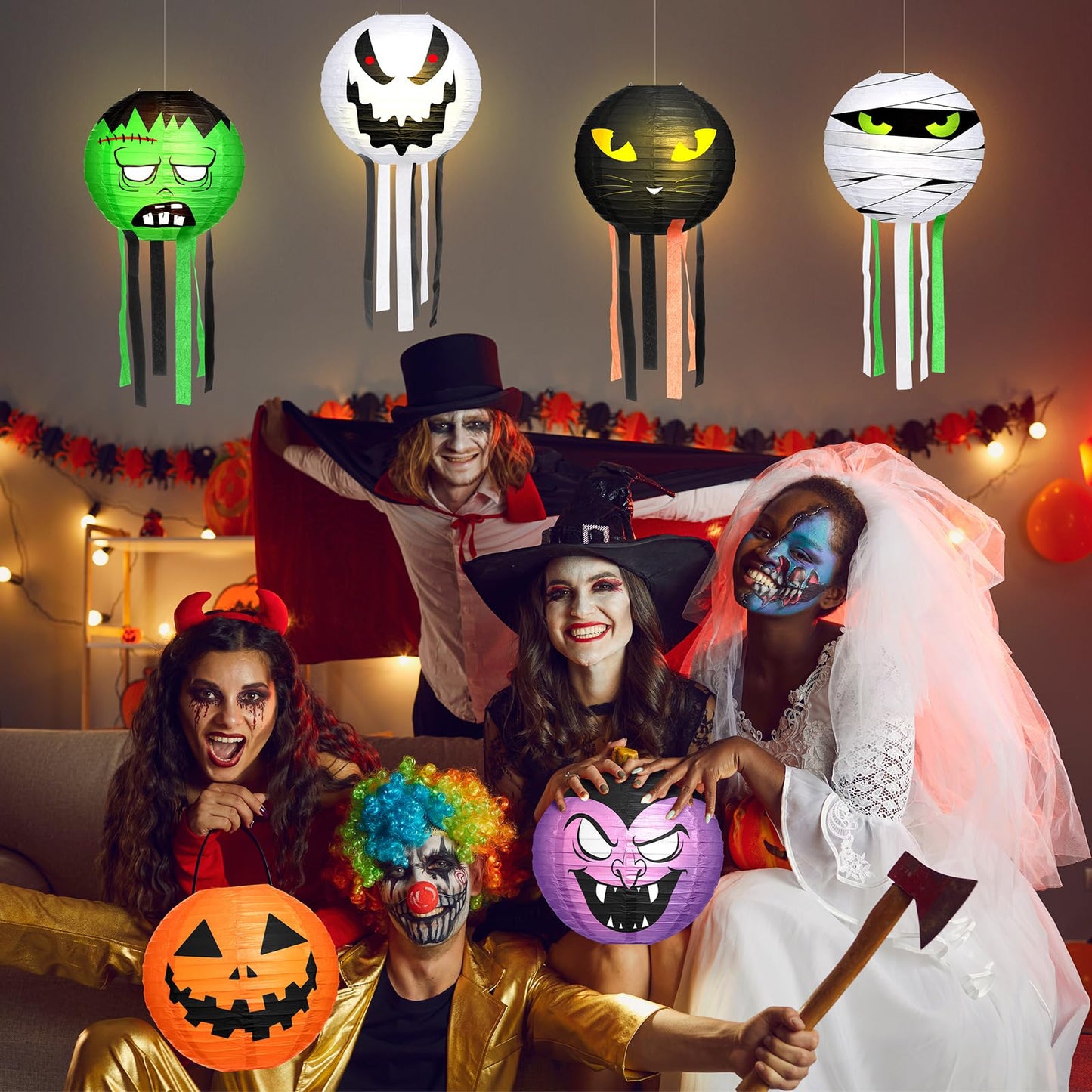VIHOSE 6 Pcs Halloween Hanging Decorations Paper Lanterns, Jack-o-Bat Lanterns with Tassels Halloween Lantern Decorative for Indoor Outdoor Party Trick-or-Treat Event Supplies