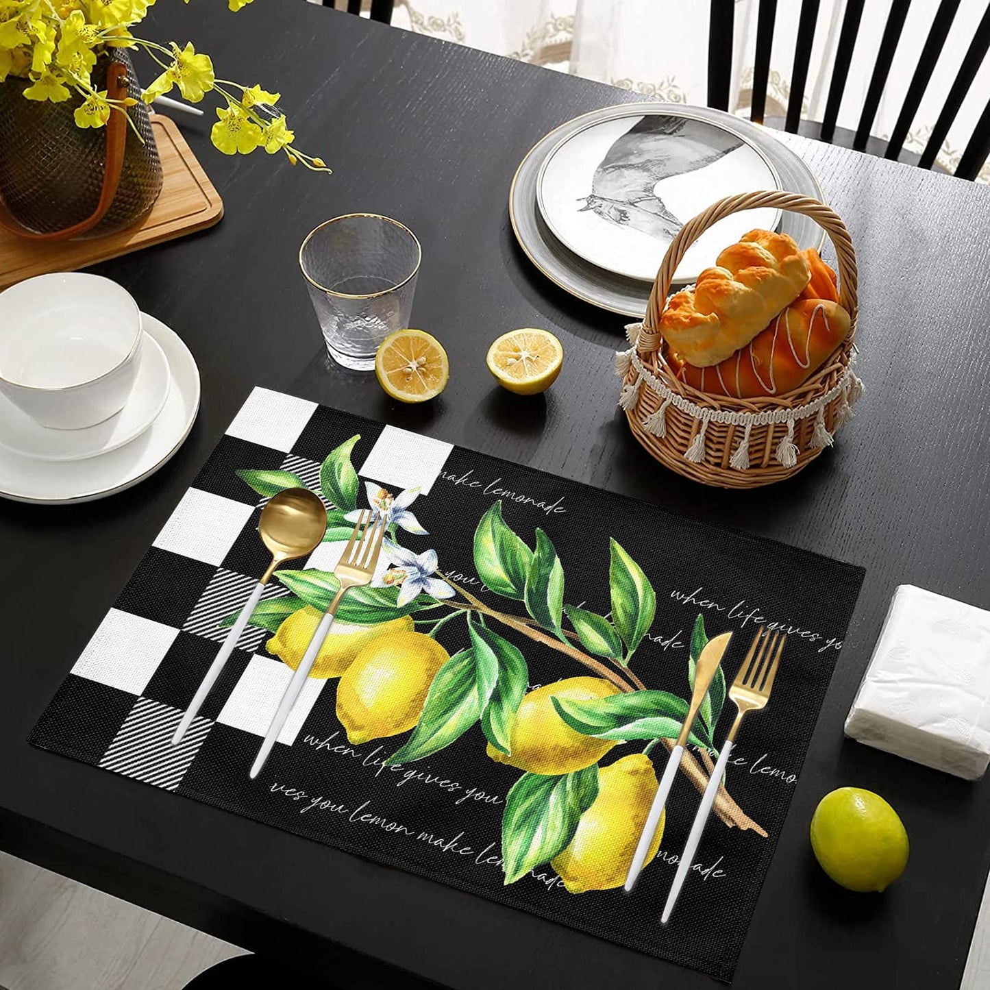 Placemats Set of 4, Yellow Lemon Non Slip Heat Resistant Linen Fabric Cotton Cloth Place Mats, Buffalo Plaid Black Square Washable Dining Table Mat for Summer Fall Rustic Farmhouse Home Kitchen Decor