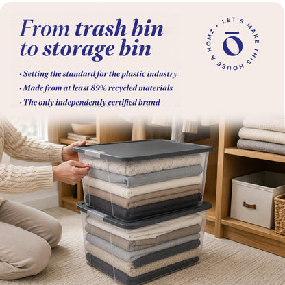 HOMZ 2-Pack Secure Latch, Clear Plastic Storage Organizer Bins, 64 Quart, Gray Lid - Heavy-Duty Container Boxes with Lids for Home, Office, and Garage