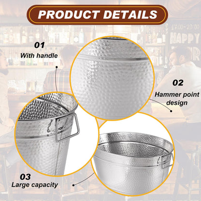 Uiifan 2 Pcs 24 Quart 6 Gallon Hammered Stainless Steel Beverage Tub Heavy Duty Oval Metal Large Ice Bucket for Drinks Bucket Cooler Ice Container for Bar Wedding Parties Anniversary Wine (Silver)