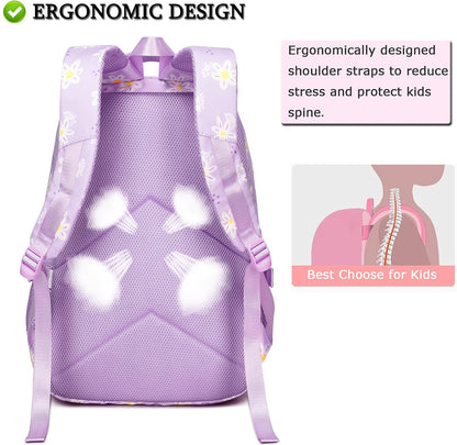 Sugaroom Daisy Prints School Backpack for Girls Backpack with Lunch Box Lightweight Water Resistant Kids Backpack Elementary Primary Middle School Bags Bookbags Set