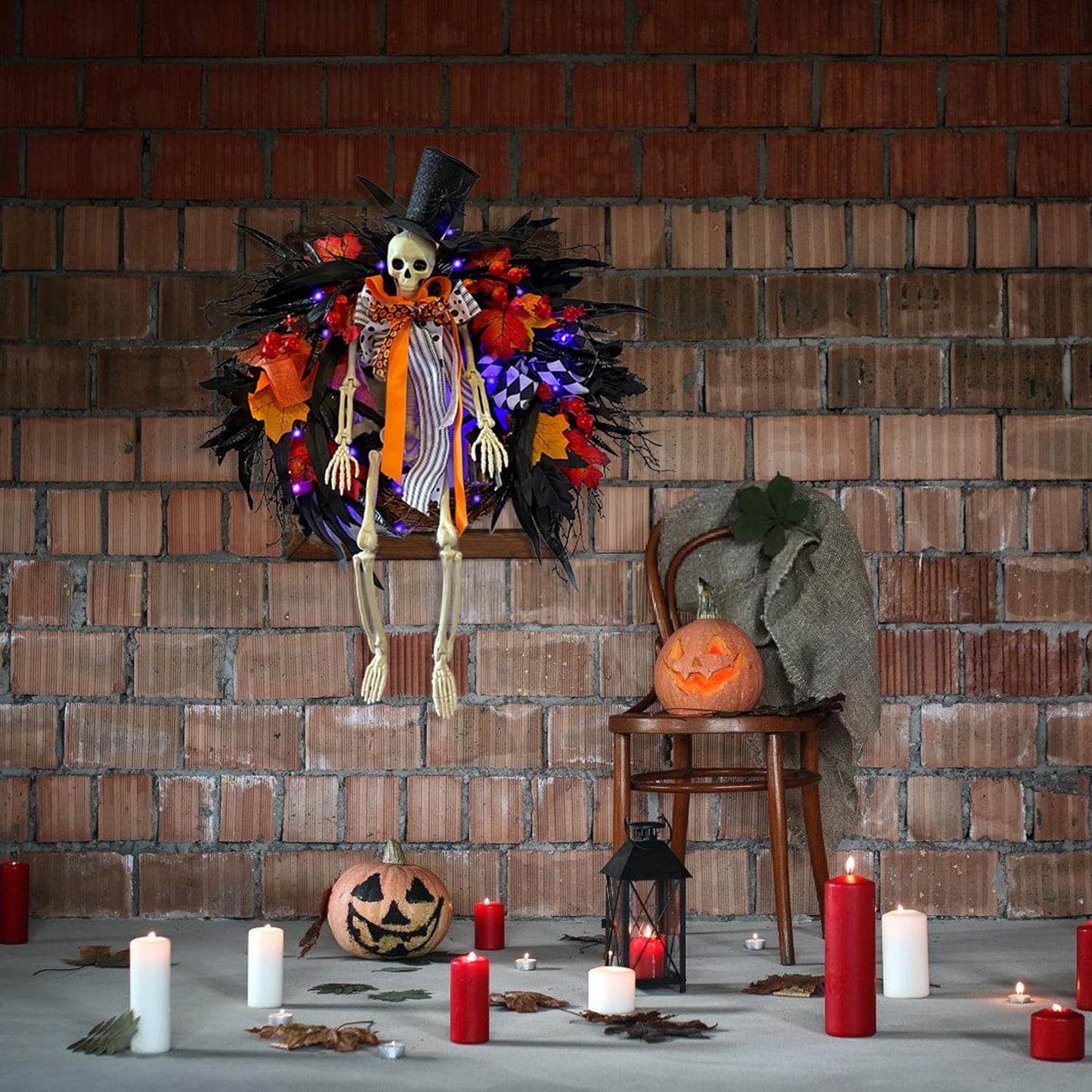HipTree 28 Inch Halloween Skeleton Wreath for Front Door with Lights, Lighted Gothic Dark Aesthetic Door Wreath with Autumn Leaves Indoor Decorations Centerpiece Party Holiday Wall Home Decor