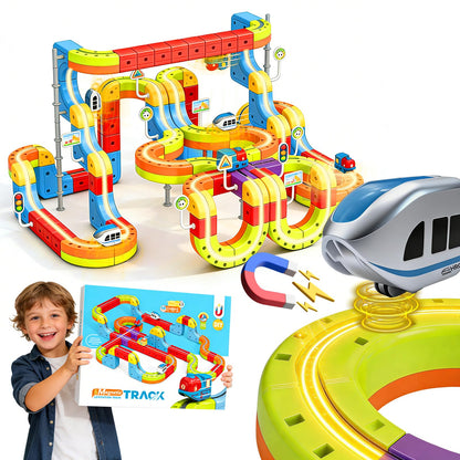 Electric Magnetic Train Toys Set- Flexible Race Track for Kids 3 4 5 6 7 8,stem Gravity Magnetic Roller Car Track for Toddlers,3D Infinity Cube Track Learning Gift Anti-Gravity Design,141 Pcs/2 car
