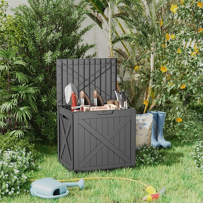 ROJIK 32 Gallon Outdoor Storage Housing Deck Box,Waterproof Patio Furniture, Garden Tools, Cushions, Pool Accessories Storage Bench with Lockable Lid and Side Handles(Black)
