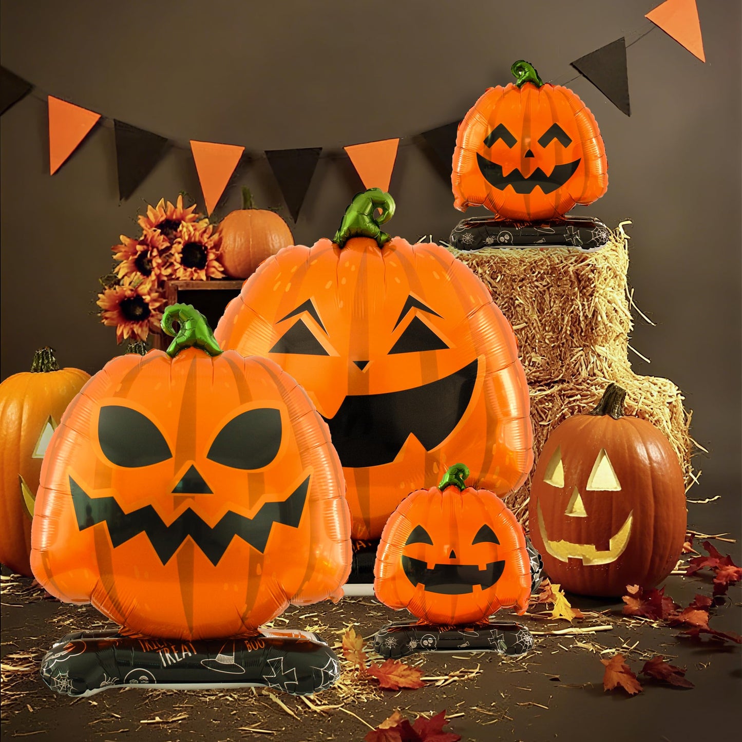 Eanjia Halloween Pumpkin Balloon Set of 4 – Giant Standing Jack-O’-Lantern Mylar Foil Balloons (3.3ft to 1.6ft) for Indoor Party Decorations, Summerween Decor, Trick or Treat Props
