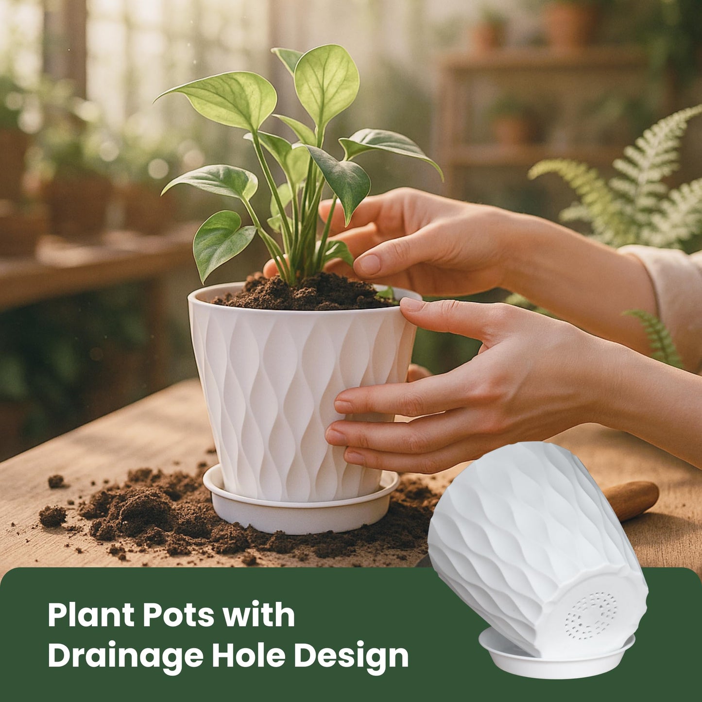 LESOASIS Flower Pots, 7/6.5/6/5.5/5/4.5/4 inch Plastic Plant Pots, 7 Pack Planter for Indoor Outdoor Plants, Nursery Planting Pot with Drainage Holes and Trays (White)