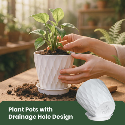 LESOASIS Flower Pots, 7/6.5/6/5.5/5/4.5/4 inch Plastic Plant Pots, 7 Pack Planter for Indoor Outdoor Plants, Nursery Planting Pot with Drainage Holes and Trays (White)