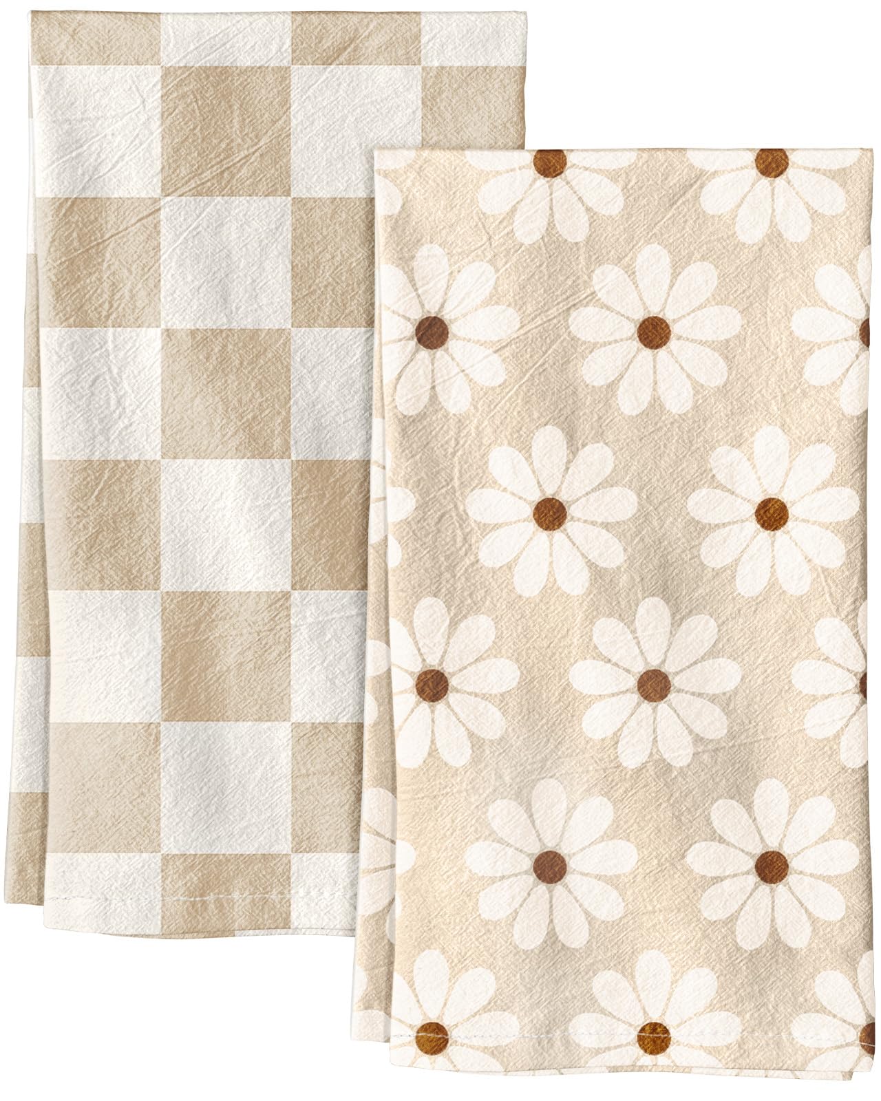 Miss Adola 2 Pack Flour Sack Kitchen Towels - 16x26 Inch Cotton Dish Towels with Hanging Loop Reusable Geometric Boho Modern Retro Tea Towel Absorbent Dishcloths Home Decor, Beige Checkered Flower
