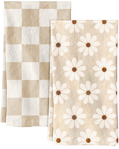 Miss Adola 2 Pack Flour Sack Kitchen Towels - 16x26 Inch Cotton Dish Towels with Hanging Loop Reusable Geometric Boho Modern Retro Tea Towel Absorbent Dishcloths Home Decor, Beige Checkered Flower