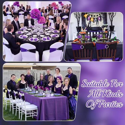 Moukeren 12 Pcs Black and Purple Spandex Chair Sashes Halloween Party Stretch Chair Ties Bows with Buckle Slider Blocking for Halloween Holiday Birthday Party Banquet Decoration
