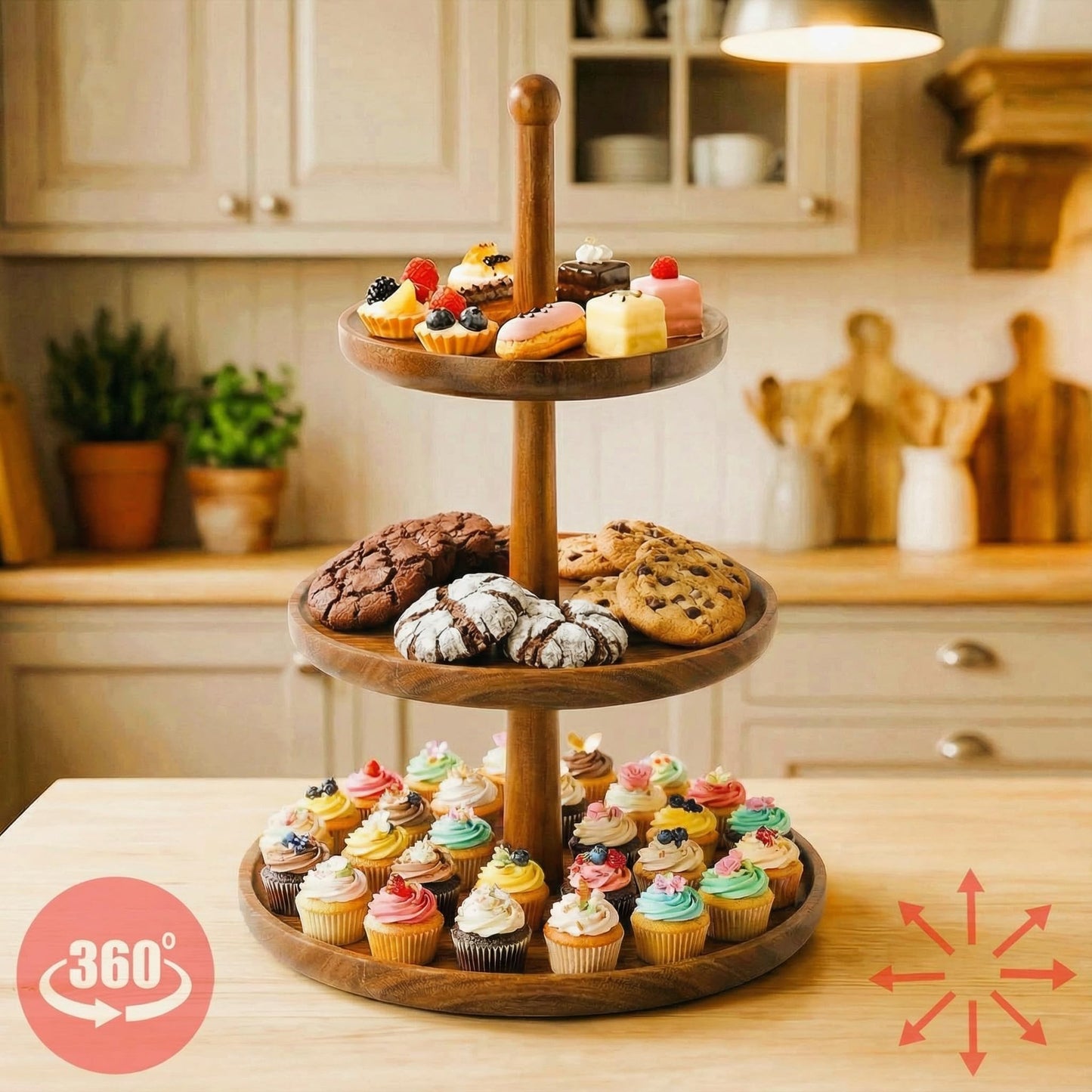 BURMAN Cupcake Stand Dessert Table Display Set – 2 in 1 Adjustable Height Rustic Natural Acacia Cupcake Holder Round Wood Tray – Three Tiered Serving Stand with Rotating Wheels, Anti Slip Stickers