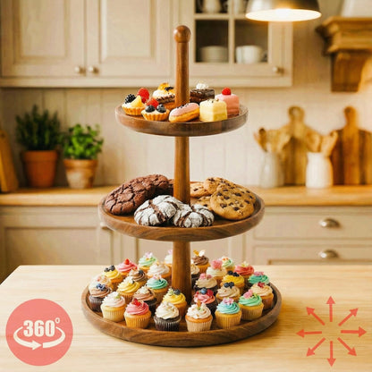 BURMAN Cupcake Stand Dessert Table Display Set – 2 in 1 Adjustable Height Rustic Natural Acacia Cupcake Holder Round Wood Tray – Three Tiered Serving Stand with Rotating Wheels, Anti Slip Stickers
