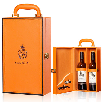 HiCrast Wine Box with 2 Bottle Leatherette Top Handle Premium Wine Carrier Case Orange