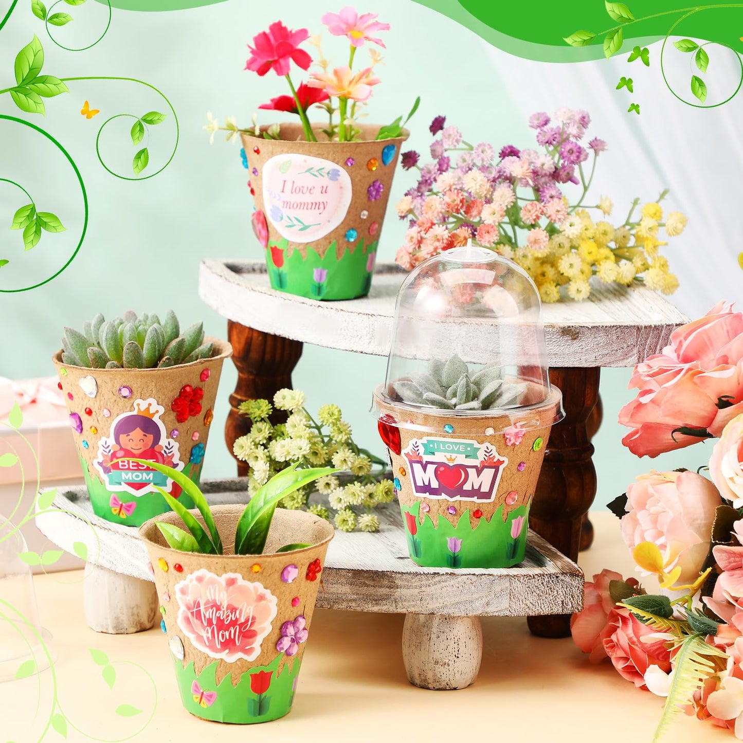 Motipuns 30 Pack Mother's Day Garden Paper Pot Craft Kit Include Plant Flower Peat Pots with Domes 4 Sheet Rhinestones Jewels Stickers and Adhesive Spring Stickers Set for DIY Craft Gifts