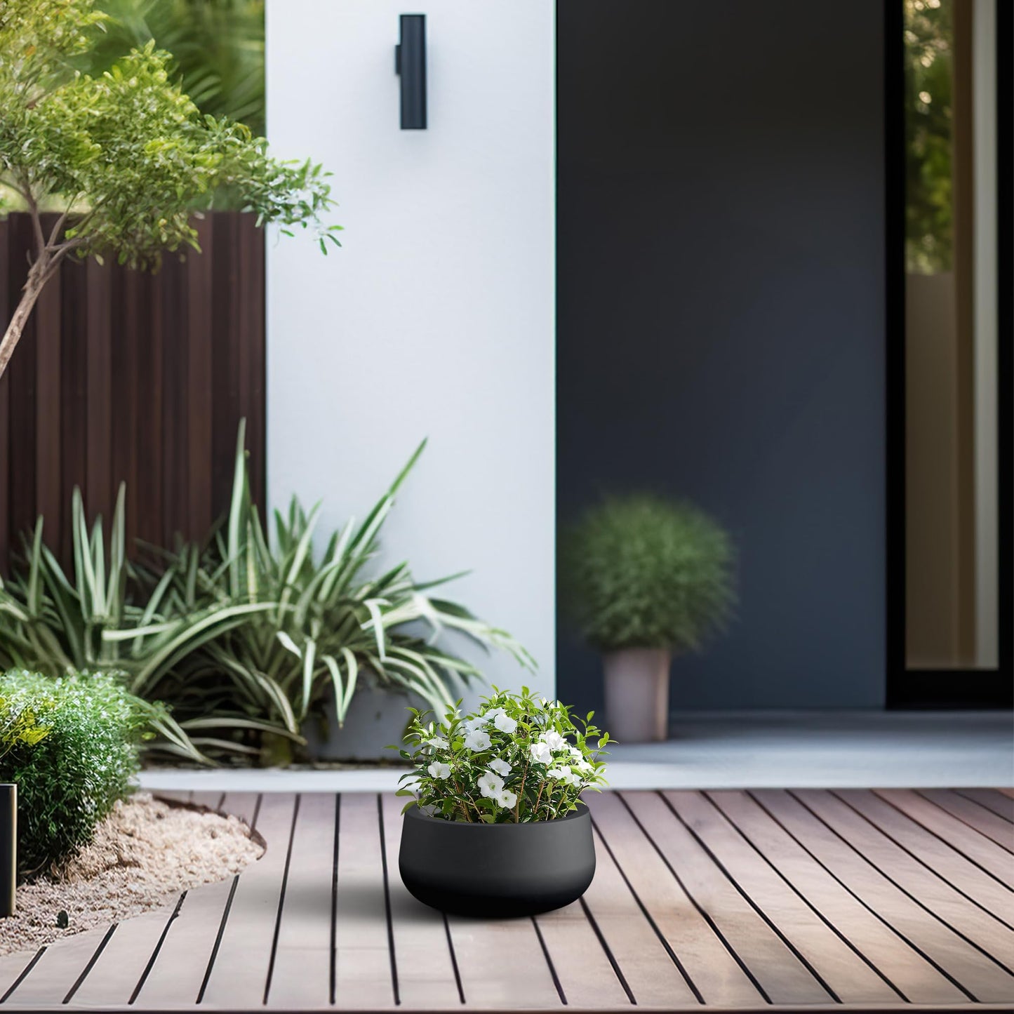 Kante 11.8" Dia Round Concrete Planter, Cement Plant Pots with Drainage Hole and Rubber Plug for Outdoor Indoor Garden Home, Modern Curvaceous Design, Black