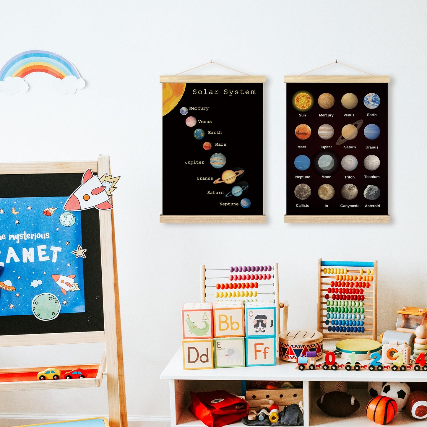 BCUANGD Space Wall Decor - Solar System Astronomy Poster Hanger with Wood Frames Set of 2, Kids Boys Educational Learning Wall Hanging Canvas Decor for Kids Room Home Playroom, 12x16 Inches