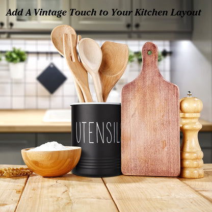 Bivvclaz Kitchen Utensil Holder, 6.7" Utensil Holder for Kitchen Counter, Cooking Utensil Crock with Cork Bottom, Modern Farmhouse Decor, Countertop Utensil Storage Organizer Caddy, Black