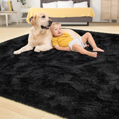 Tepook Super Soft Fluffy Rug for Bedroom, Modern Shaggy Fuzzy Kids Rugs for Living Room, Plush Indoor Nursery Home Decor Dorm Carpet with Non-Slip Bottom, Black, 4 X 6 Feet