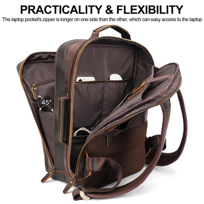 TIDING 17.3" Full Grain Leather Laptop Backpack for Men Multi Pockets Casual Daypack Business Travel Rucksack