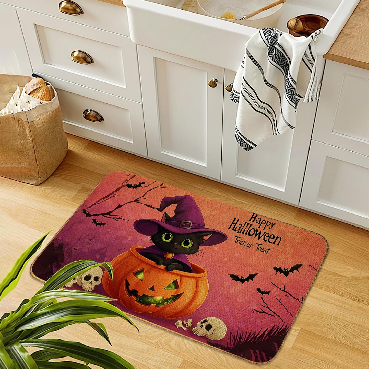 Doormat Black Cat Skull Front Door Mat Indoor Outdoor Entrance,Halloween Pumpkin Bat Door Mat Waterproof Low Profile All-Season,Easy Clean Patio Porch Entryway Floor Rug 17x29 Inch