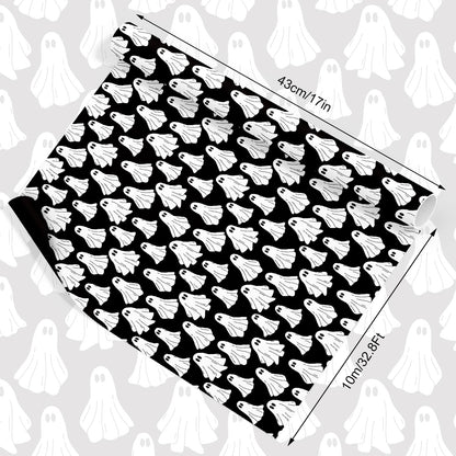 Whaline Halloween Wrapping Paper -Mini Roll- 17 In x 32.8 Ft Groovy Black White Ghost Gift Wrap Paper for Baby Shower Birthday Halloween Wrapping Supplies