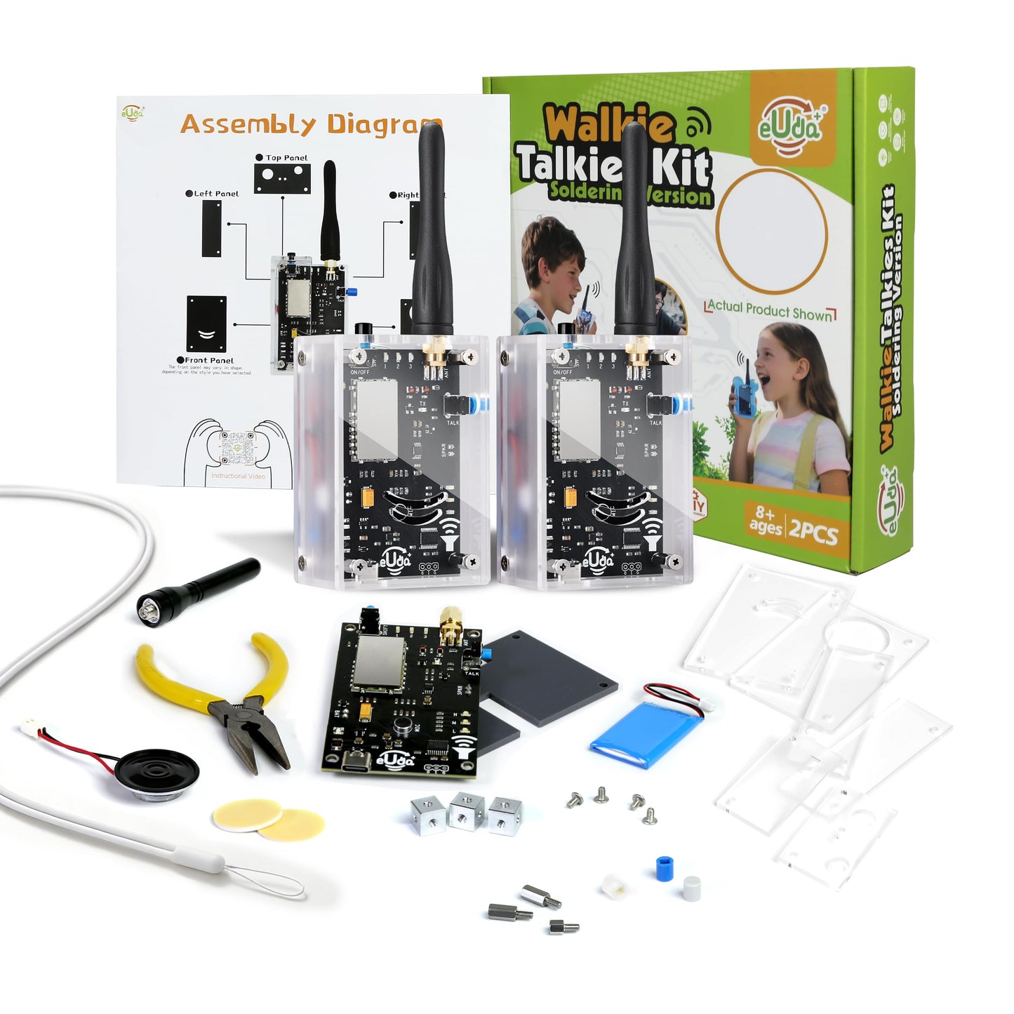 eUda+ STEM Walkie-Talkies Kit Building Toys for Boys Age 8-12-14-16-17+ Educational Games for Kids 8-12 Stem Kits for Kids Age 12-14 DIY Kits for Kids Teenage Girl Gifts (Assembly Version, RTC)