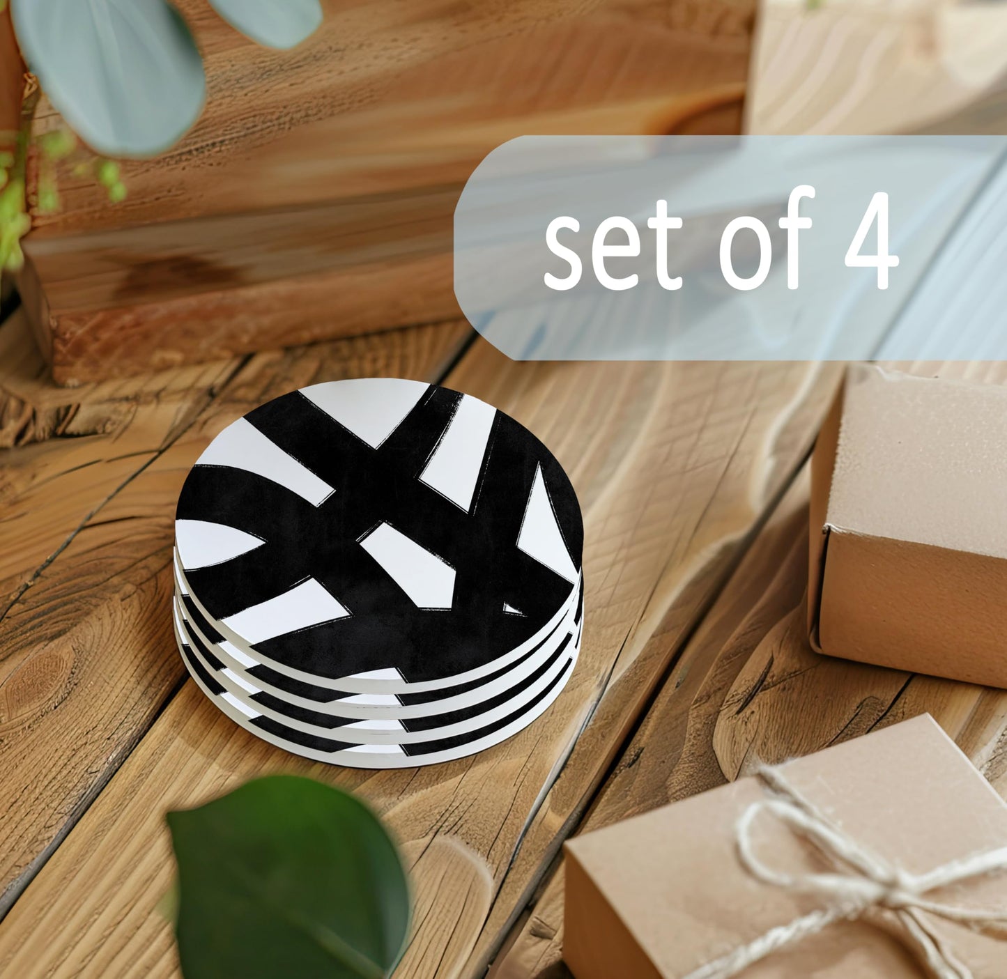 Black and White Coasters Set of 4, Modern Abstract Geometrical Black and White Ceramic Car Drink Coaster Cup Mat with Cork Back for Table Desk Decor