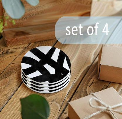 Black and White Coasters Set of 4, Modern Abstract Geometrical Black and White Ceramic Car Drink Coaster Cup Mat with Cork Back for Table Desk Decor