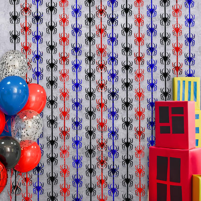 Bupelo Spider Web Birthday Decorations,2 Pack Red Black and Blue Spider Birthday Party Supplies 3.3 x 6.6ft Tinsel Foil Fringe Curtains Photo Booth Props Backdrop Streamers, House Room Decor for Boys
