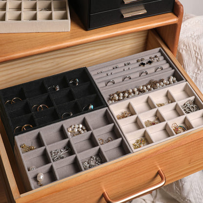 Frebeauty Jewelry Organizer Tray,Stackable Velvet Jewelry Trays,Drawer Inserts Earring Organizer For Women Jewelry Storage Display Case for Rings Stud Necklaces,Set of 4(Black)