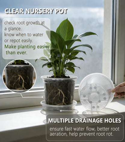 RZOIKZOI 30-Pack Clear Nursery Pots with Saucers (3.5/4/5 Inch) – Transparent Plastic Plant Pots with Drainage Holes and 30 Labels, Assorted Sizes for Seed Starting, Succulents, Indoor and Outdoor Use