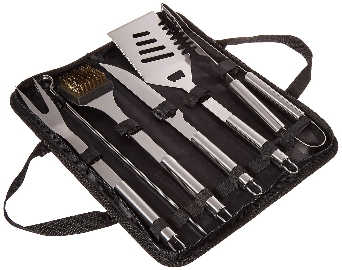 Home-Complete HC-1004 7 Grill Tool Kit-Stainless Steel BBQ Accessories Kitchen Set with Spatula, Tongs, Fork, Knife, Brush, Skewers, and Case, 8-Piece Travel, Silver