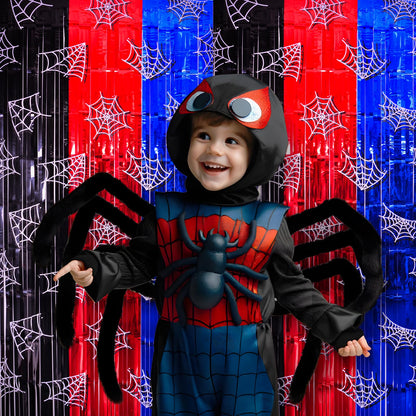 Bupelo Spider Web Birthday Decorations, 2 Pack Spider Party Supplies 3.3x6.6ft Tinsel Foil Fringe Curtains, Red Black, and Blue Photo Booth Prop Backdrop Streamer, Birthday Decor, Party Decor for Boys
