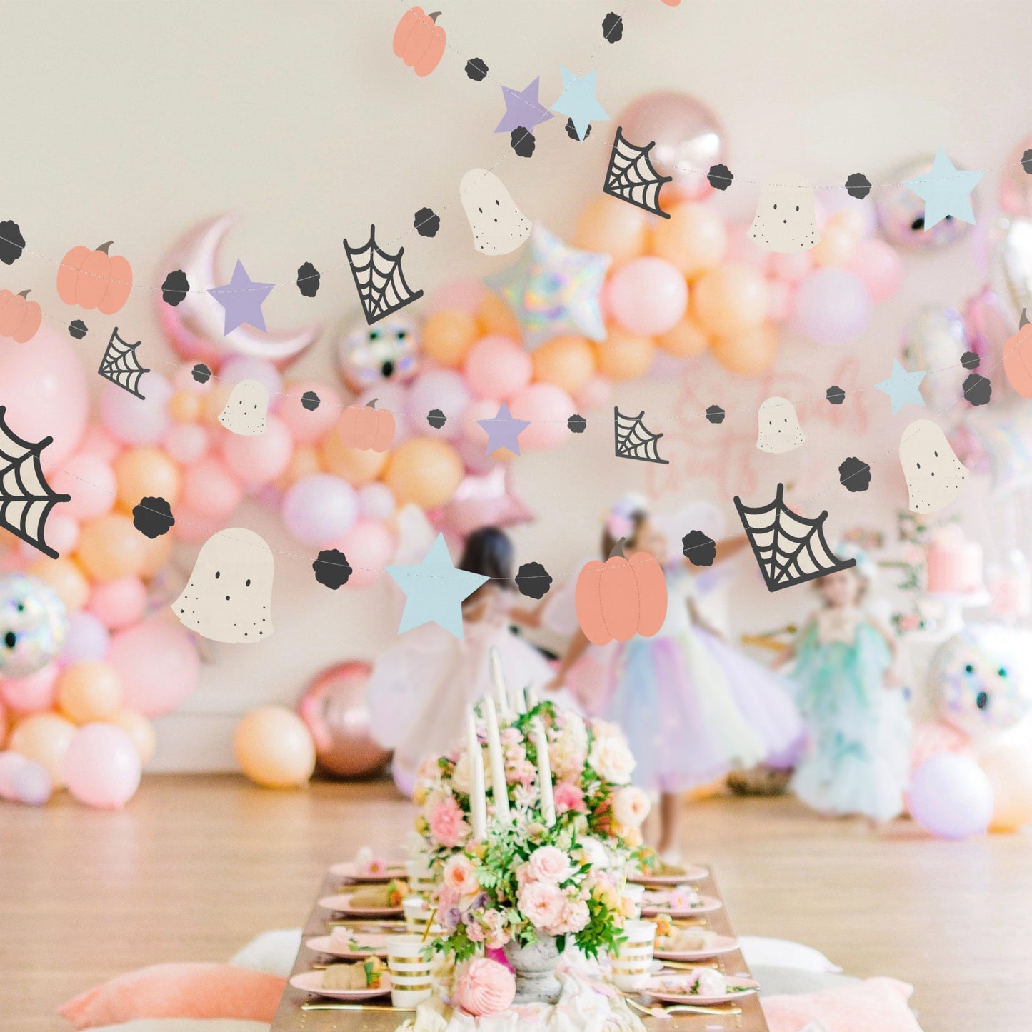 Cheerland Pastel Halloween Garland Cute Halloween Decorations Pastel Spooky Party Pumpkin Flag Spiderweb Ghost Banner Spooky One Boo Birthday Party Supplies Baby Shower Classroom Home Hanging Decor