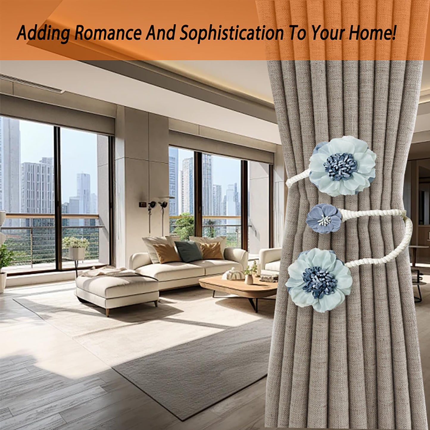 Curtain Tiebacks 2 Packs, Artificial Flower Curtain Holdbacks Clips,Flexible Curtain Buckle Elegant Decorative for Home Living Room Bedroom (Blue)