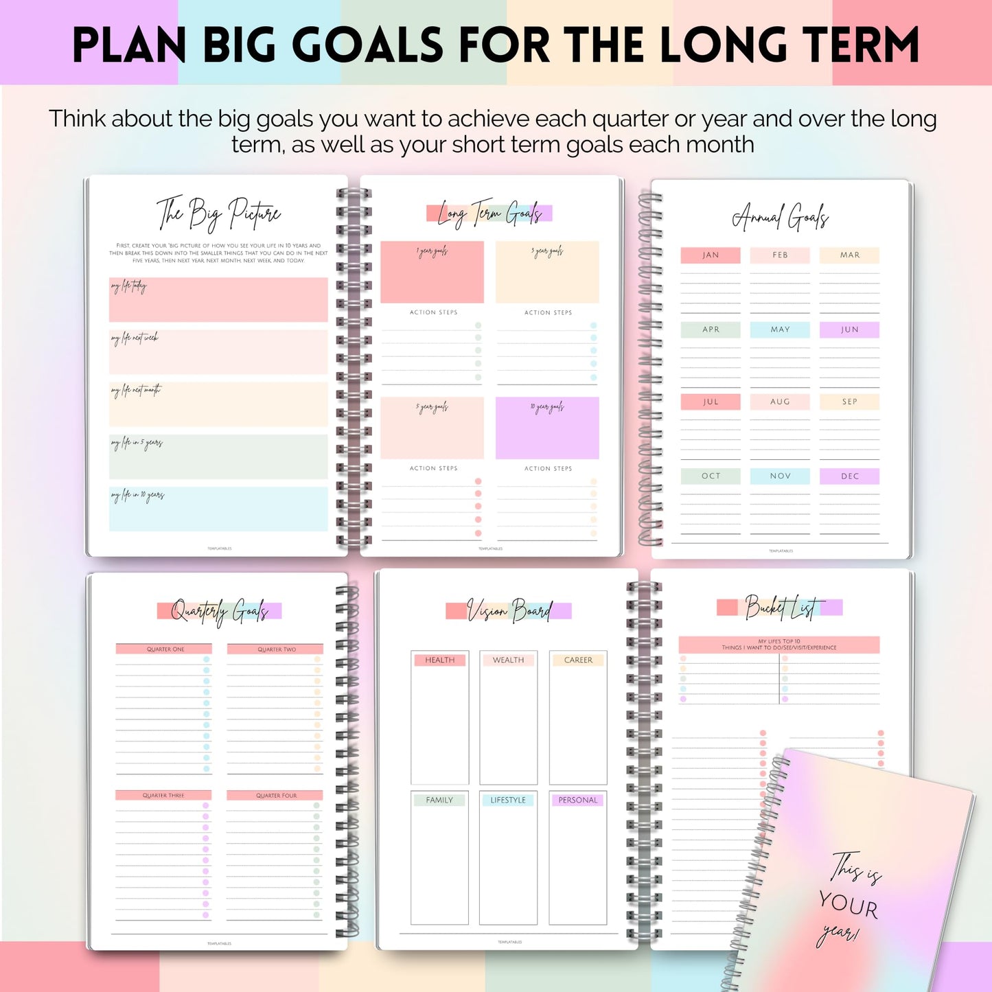 Goal Planner | SMART Goal Setting Kit for the New You, Monthly Habits, Reflections & Vision Boards | Pastel Rainbow A5