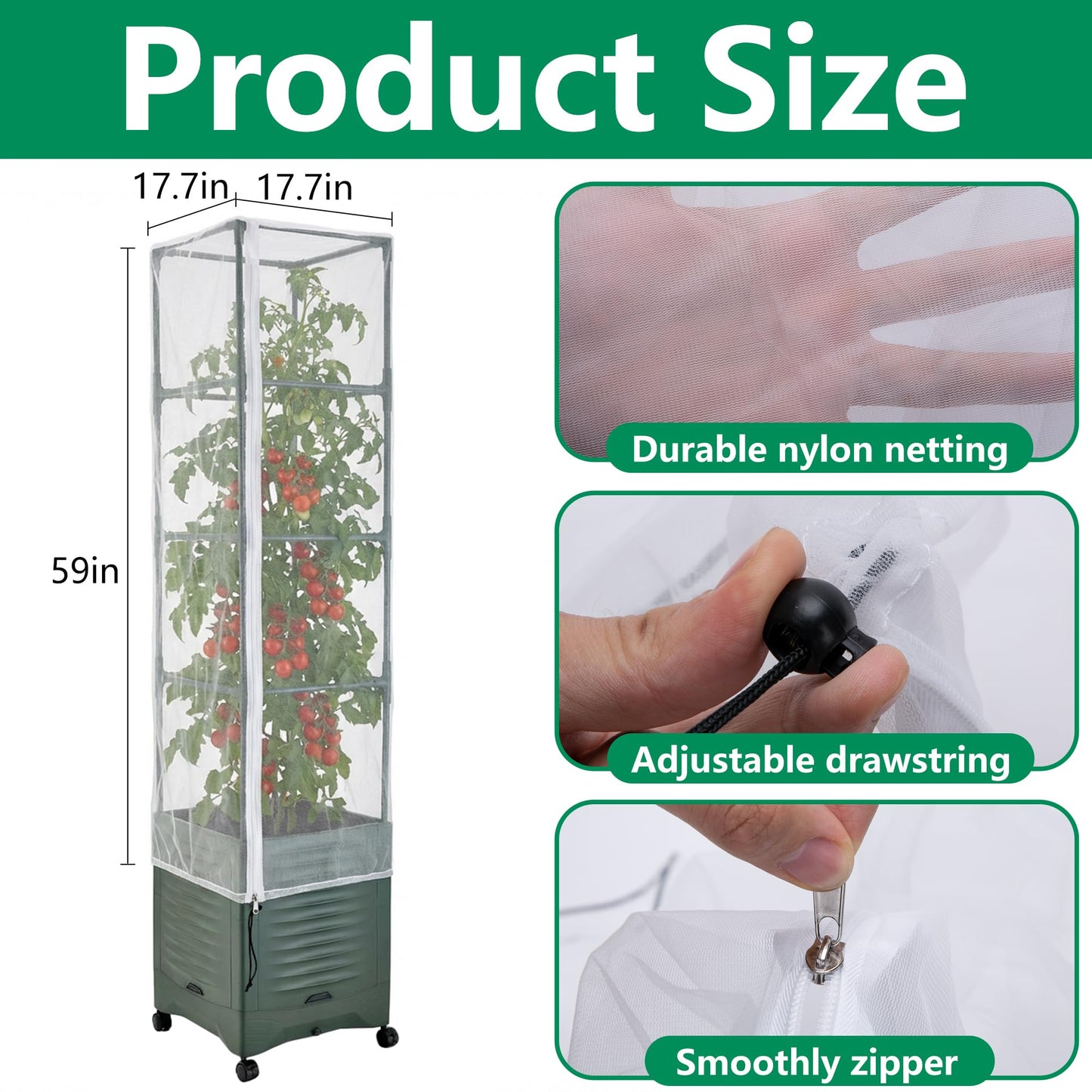 2 Pcs Garden Bird Netting Plant Cover for Square Tomato Cage, 59" x 17.7" Insect Bird Barrier Tomato Cage Net with Zipper & Drawstring, Tomato Trellis Netting Protection Cover for Protecting Plants