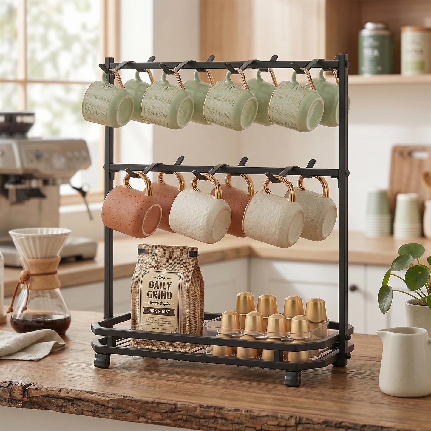 Samhe Coffee Mug Holder for Countertop, Coffee Cup Holder Rack with 14 Hooks, Metal Mug Tree Stand with Storage Base for K Cup Coffee Pod Paper Cups Tea Bag - Black