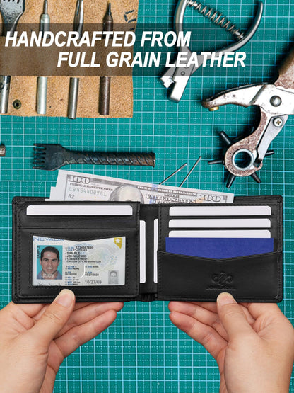 Jowlroel AirTag Wallet for Men - RFID Blocking, 2 ID Window, 12 Card Holders, 2 Bill Dividers, Top Grain Leather Bifold Wallet with AirTag Holder - Stylish Gift Box